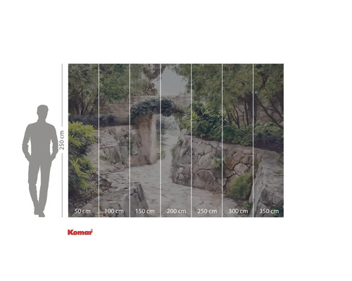 Fototapet cu potecă în grădină și zid de piatră