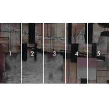 Pictură murală abstractă din mai multe părți cu forme și structuri geometrice