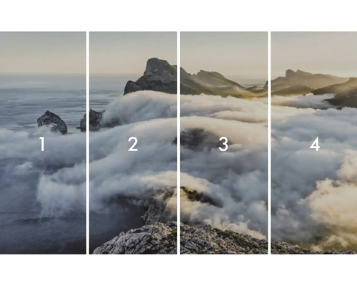 Pictură murală în patru părți cu peisaj montan în ceață