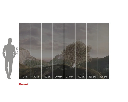 Tapetă foto cu motiv de peisaj și copac, formată din opt fâșii cu informații despre dimensiuni și logo-ul Komar
