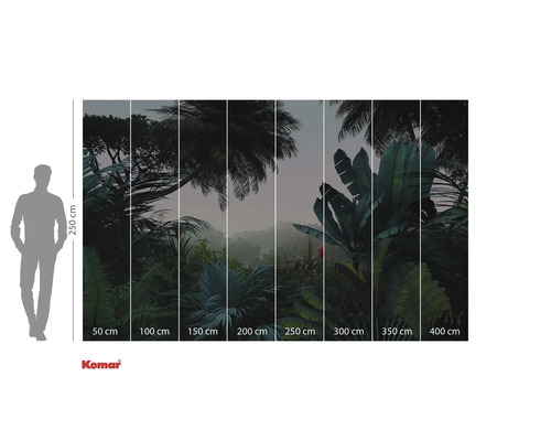 Tapet fotogravură Komar cu motiv de pădure tropicală și indicații de dimensiuni.