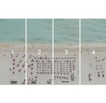 Patru vederi ale plajei cu densitate descrescătoare de umbrele și șezlonguri.