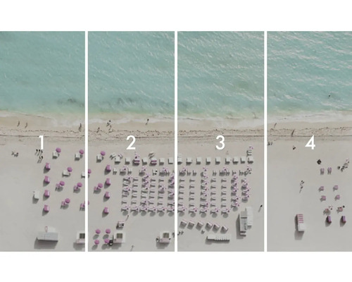 Patru vederi ale plajei cu densitate descrescătoare de umbrele și șezlonguri.