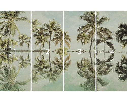 Fototapet cu patru părți, cu motive de palmieri și reflexie în apă.