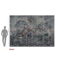 Fototapet cu un motiv cu flamingo zburând în fața copacilor