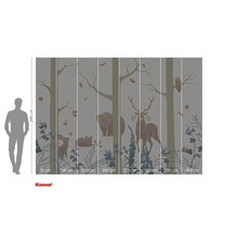 Tapetă foto cu motiv forestier, inclusiv copaci, urs, cerb, iepure, vulpe și bufniță, format circa 280 x 400 cm