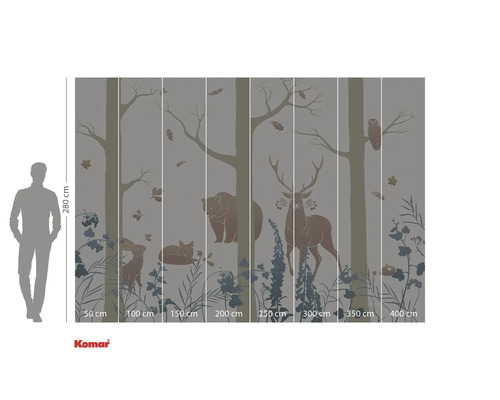 Tapetă foto cu motiv forestier, inclusiv copaci, urs, cerb, iepure, vulpe și bufniță, format circa 280 x 400 cm