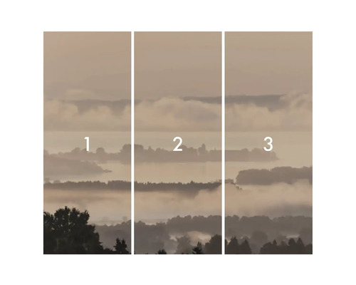 Tapetă vlies cu motiv de peisaj cețos, compusă din trei părți