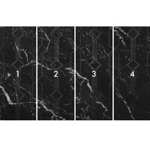 Tapetă vlies cu structură de marmură și modele geometrice, patru fâșii una lângă alta.