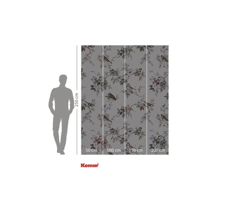 Tapet fotocompozit Komar cu model floral și de păsări în tonuri de gri