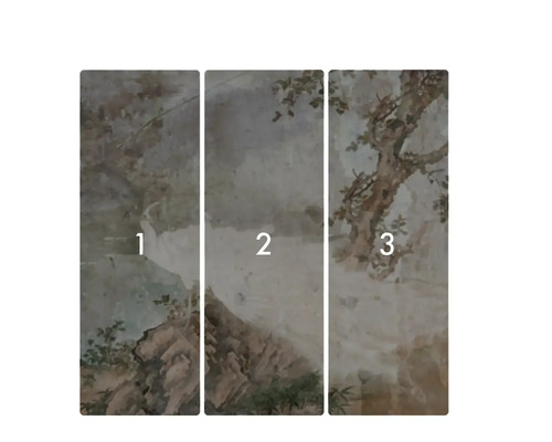 Pictură murală în trei părți cu o scenă de peisaj.