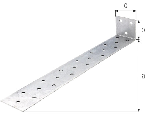 Conector de colț perforat din metal cu dimensiuni.
