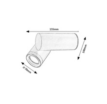 Desen tehnic al unei lămpi cu dimensiunile de 155 mm lungime, 140 mm înălțime și 70 mm diametru