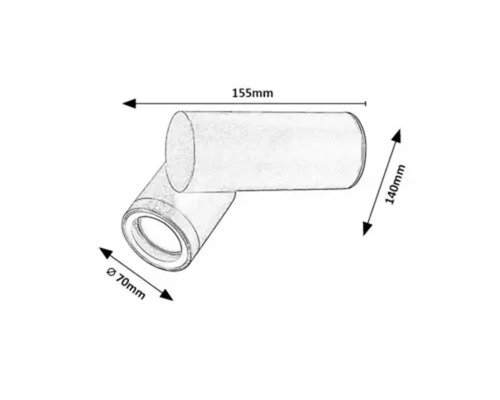 Desen tehnic al unei lămpi cu dimensiunile de 155 mm lungime, 140 mm înălțime și 70 mm diametru
