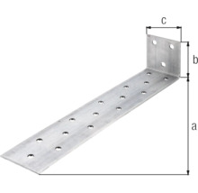 Conector unghiular din metal cu găuri și indicații de dimensiuni a, b și c.
