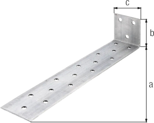 Conector unghiular din metal cu găuri și indicații de dimensiuni a, b și c.