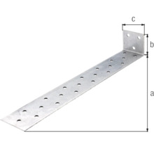 Conector unghiular metalic cu găuri și indicații de dimensiune