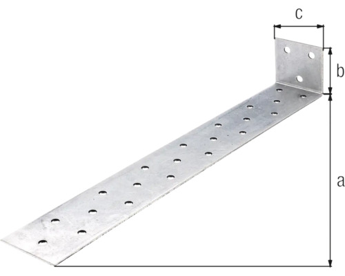 Conector unghiular metalic cu găuri și indicații de dimensiune