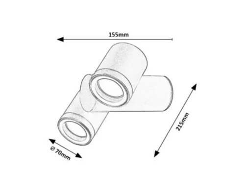 Desen tehnic al unei plafoniere triple cu dimensiunile de 155 mm, 215 mm și diametrul de 70 mm.