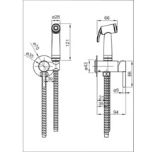 Desen tehnic al unui duș de mână cu furtun și dimensiuni