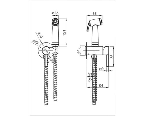 Desen tehnic al unui duș de mână cu furtun și dimensiuni