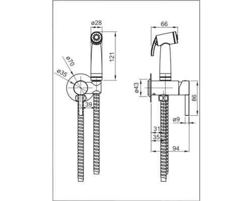 Desen tehnic al unui duș de bideu cu dimensiuni