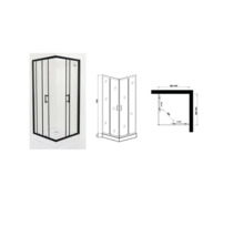 Cabină de duș de colț cu cadru negru și desene tehnice