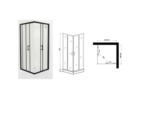 Cabină de duș de colț cu cadru negru și desene tehnice