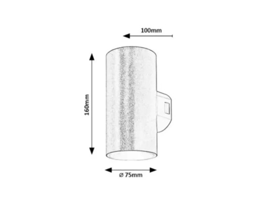 Desen tehnic al unei lămpi de perete cu dimensiunile de 160 mm înălțime, 75 mm diametru și 100 mm adâncime.