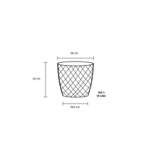 Desen tehnic al unui coș de gunoi cu dimensiunile de 26 cm diametru sus, 18,5 cm diametru jos, 24 cm înălțime și 10 litri volum.