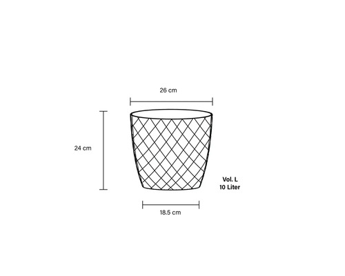 Desen tehnic al unui coș de gunoi cu dimensiunile de 26 cm diametru sus, 18,5 cm diametru jos, 24 cm înălțime și 10 litri volum.