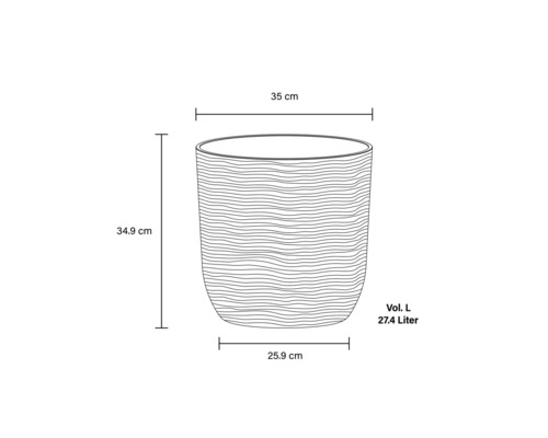 Desen tehnic al unui ghiveci de flori cu dimensiunile de 35 cm lățime, 34,9 cm înălțime și 25,9 cm diametrul bazei, volum de 27,4 litri