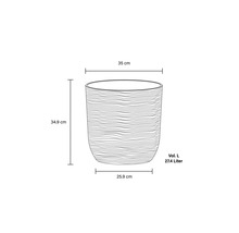 Ilustrație a unui vas de flori cu dimensiunile de 35 cm lățime, 34,9 cm înălțime și 25,9 cm adâncime și un volum de 27,4 litri