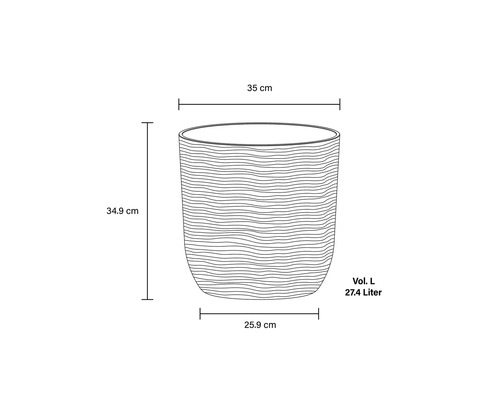 Ilustrație a unui vas de flori cu dimensiunile de 35 cm lățime, 34,9 cm înălțime și 25,9 cm adâncime și un volum de 27,4 litri