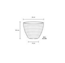 Dimensiunile unui ghiveci de flori: 26 cm lățime, 19,5 cm înălțime, 13 cm diametru, volum 6,3 litri