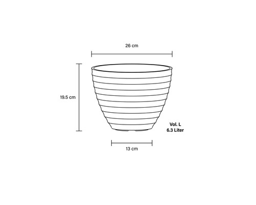 Dimensiunile unui ghiveci de flori: 26 cm lățime, 19,5 cm înălțime, 13 cm diametru, volum 6,3 litri