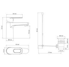 Desen tehnic al unui robinet de chiuvetă cu dimensiuni