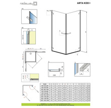Desen tehnic al cabinei de duș ARTA KDD I cu dimensiuni