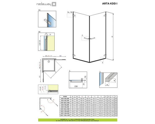 Desen tehnic al cabinei de duș ARTA KDD I cu dimensiuni