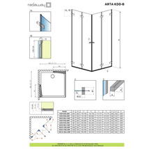 Desen tehnic al cabinei de duș Radaway Arta KDD-B cu indicații de dimensiuni