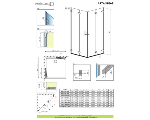 Desen tehnic al cabinei de duș Radaway Arta KDD-B cu dimensiuni