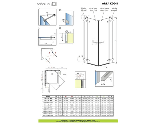 Desen tehnic al cabinei de duș Arta KDD II de la Radaway cu dimensiuni