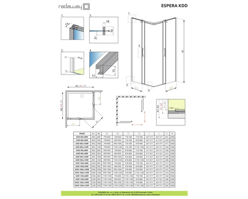 Desen tehnic al cabinei de duș de colț Espera KDD cu dimensiuni