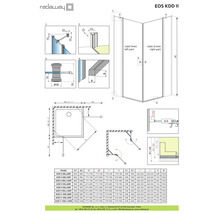 Desen tehnic al cabinei de duș Radaway EOS KDD II cu dimensiuni