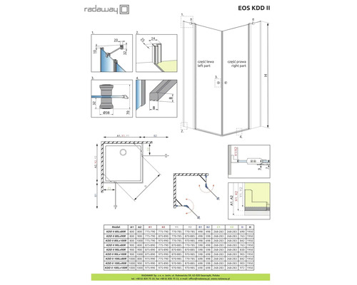 Desen tehnic al cabinei de duș Radaway EOS KDD II cu dimensiuni