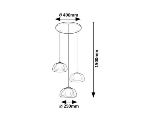 Desen tehnic al unei lămpi suspendate cu dimensiunile de 400 mm diametru sus, 250 mm diametru jos și 1500 mm înălțime