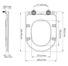 Desen tehnic al unui capac de toaletă cu dimensiuni.