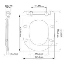 Desen tehnic al unui capac de toaletă cu dimensiuni