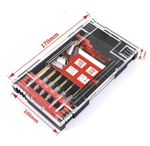 Set de burghie într-o cutie transparentă din plastic, cu indicații de dimensiune