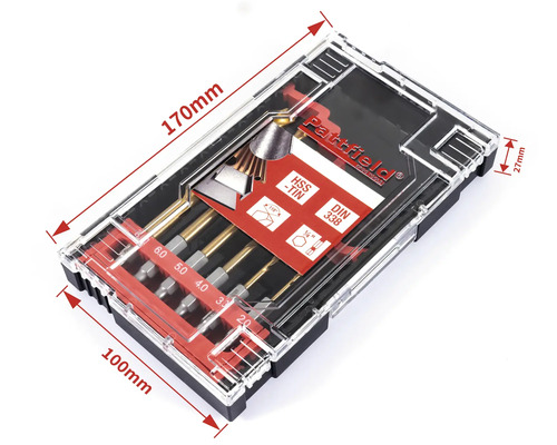 Set de burghie într-o cutie transparentă din plastic, cu indicații de dimensiune